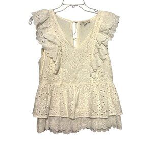 Skies Are Blue Eyelet Lace Ruffle Sleeveless Cotton Peplum Top XS Women's Ivory